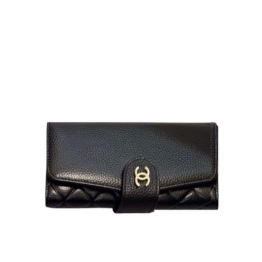 Long Flap Wallet Grained Leather Black 19cm Classic Bag