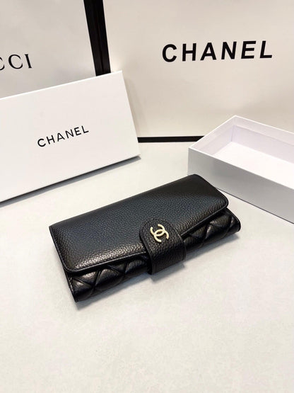 Long Flap Wallet Grained Leather Black 19cm Classic Bag