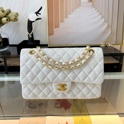 Classic Medium Smooth Leather Double Flap Bag White 25cm A01112 Y33352 10601 22 New Collection Bag Flap Bag