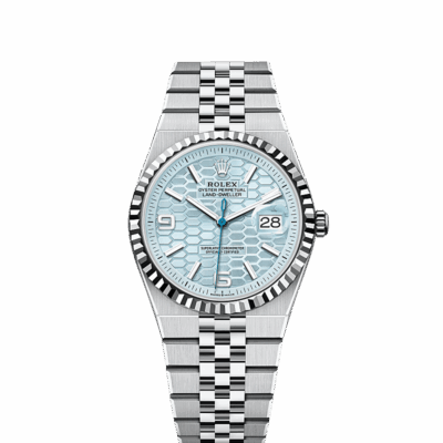 Unworn 2025, wrist watch Land-Dweller 36, Platinum, Ice blue dial, Fluted Flat Jubilee, Ref# 127236-0001, box and papers watch
