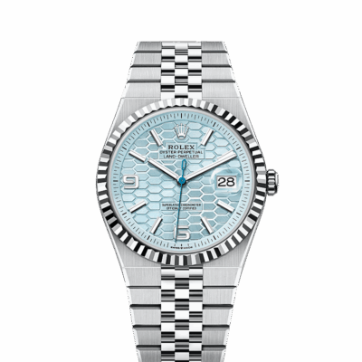 Unworn 2025, wrist watch Land-Dweller 40, Platinum, Ice blue dial, Fluted Flat Jubilee, Ref# 127336-0001, box and papers watch