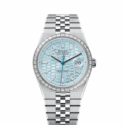 Unworn 2025, wrist watch Land-Dweller 40, Platinum and Diamonds, Ice blue dial, Flat Jubilee, Ref# 127386tbr-0001, box and papers watch